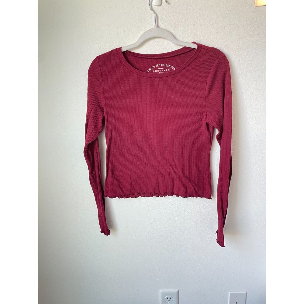 Y2K Shrunken Baby Tee L - Aeropostale Ribbed Lettuce Edge Top Maroon